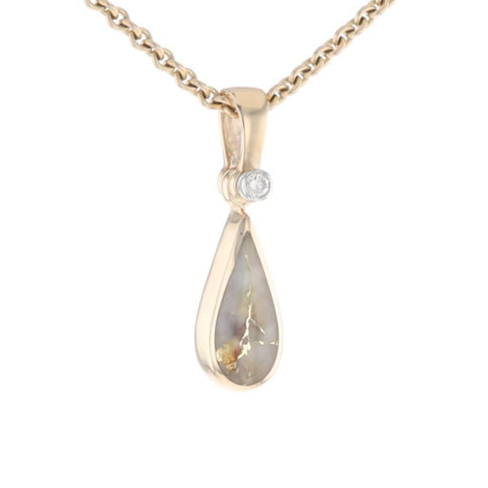 Gold Quartz Pendant Tear Drop Inlaid Design with .02ct Diamond