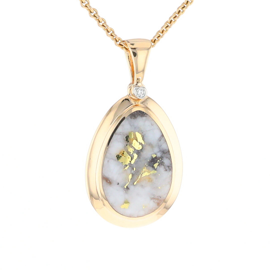 Gold Quartz Necklace Pear Shape Inlaid Pendant with .02ct Diamond