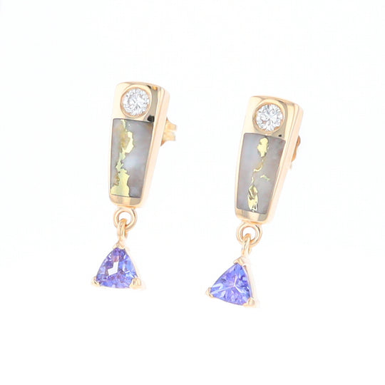 Gold Quartz Earrings Rectangle Inlaid Design with 0.11ct Diamonds & Trillion Cut Tanzanite