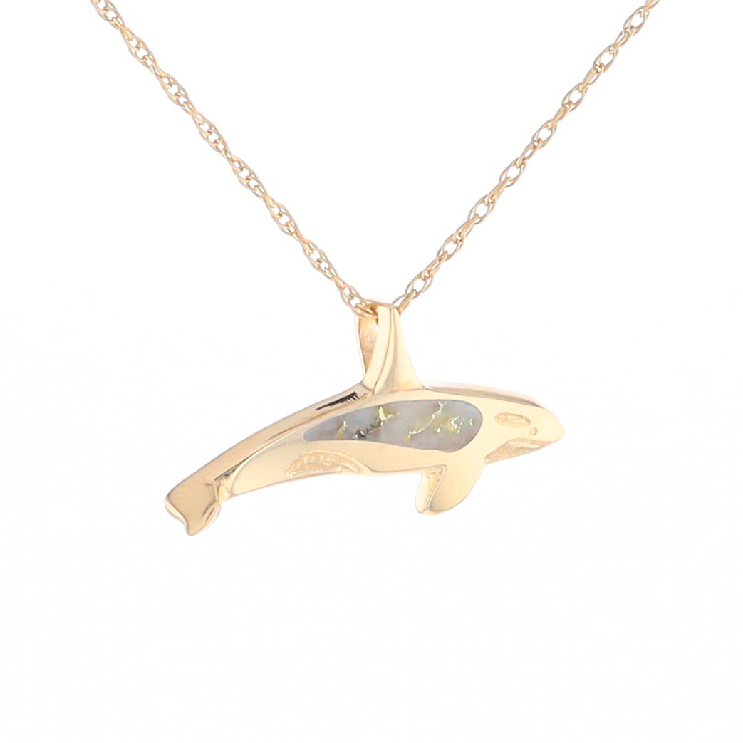 Gold Quartz Necklace Orca Killer Whale Inlaid Sea Life Pendant