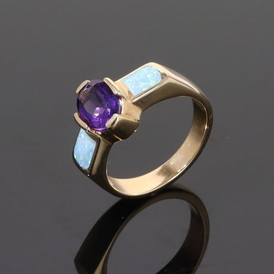 Opal Rings 2 Section Inlaid Design with Oval Amethyst Center