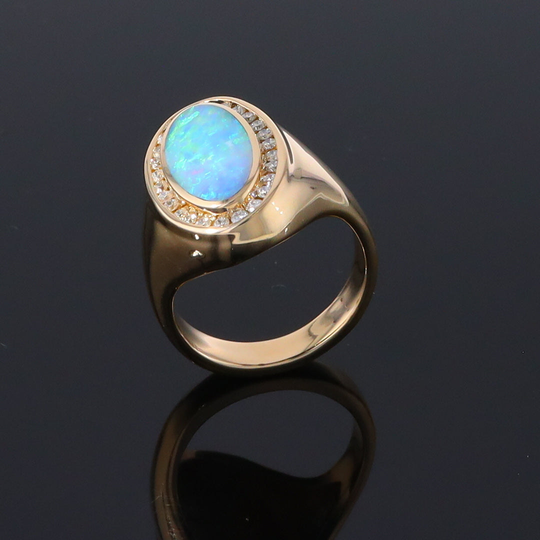 Opal Rings Oval Inlaid Design with .36ctw Round Diamonds Halo