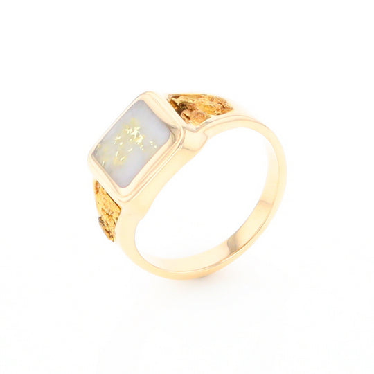 Gold Quartz Ring Square Inlaid Center Design with Natural Nugget Sides