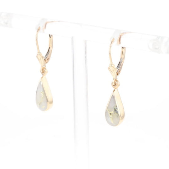 Gold Quartz Earrings Tear Drop Inlaid Lever Backs - G2