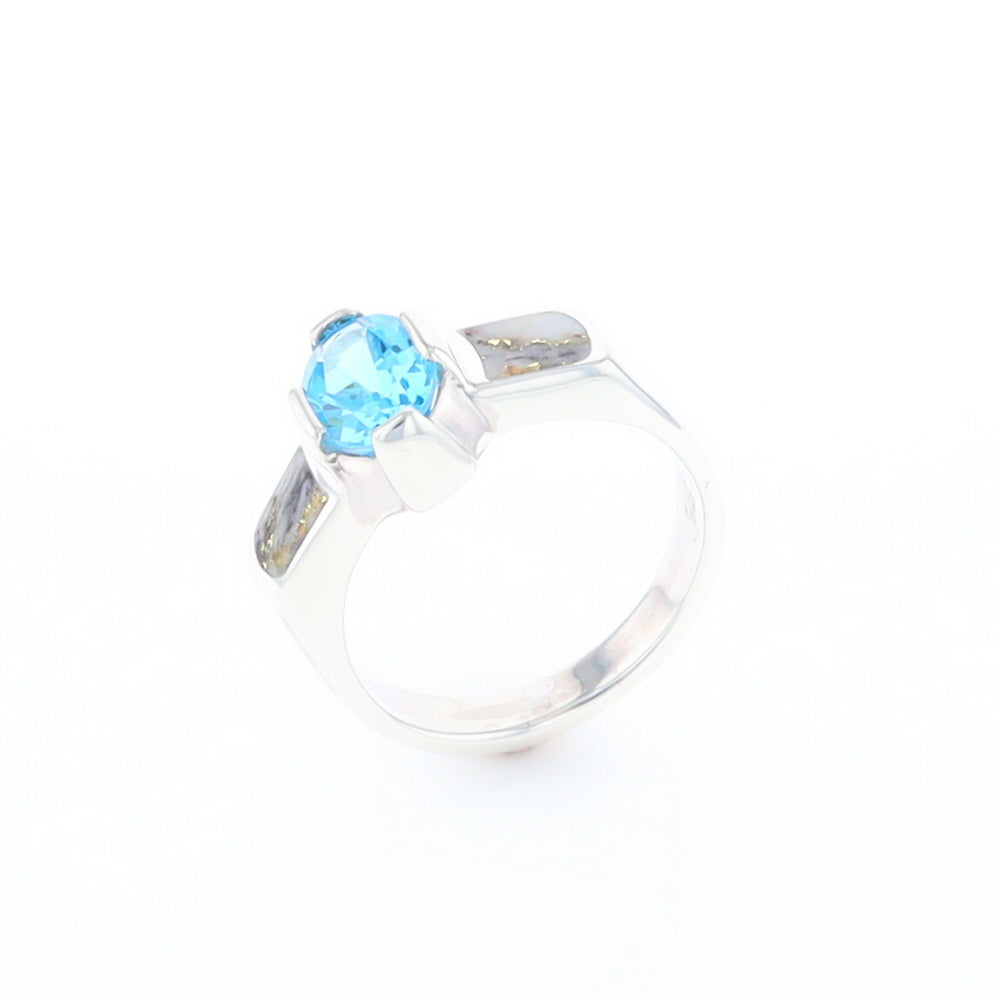 Sterling Silver Gold Quartz Inlaid Oval Blue Topaz Ring - G3