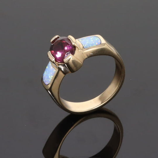 Opal Rings 2 Section Inlaid Design with Oval Pink Tourmaline