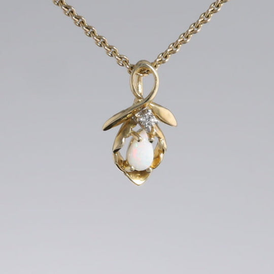 Pear-leaf Opal and Diamond Pendant
