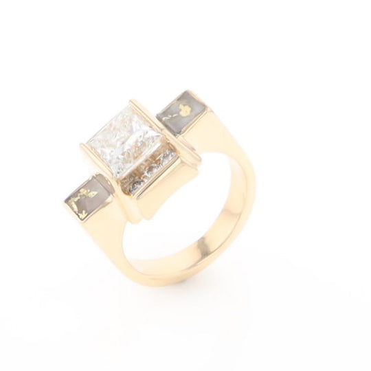 Princess Cut Diamond Gold Quartz 2-Square Inlaid Ring