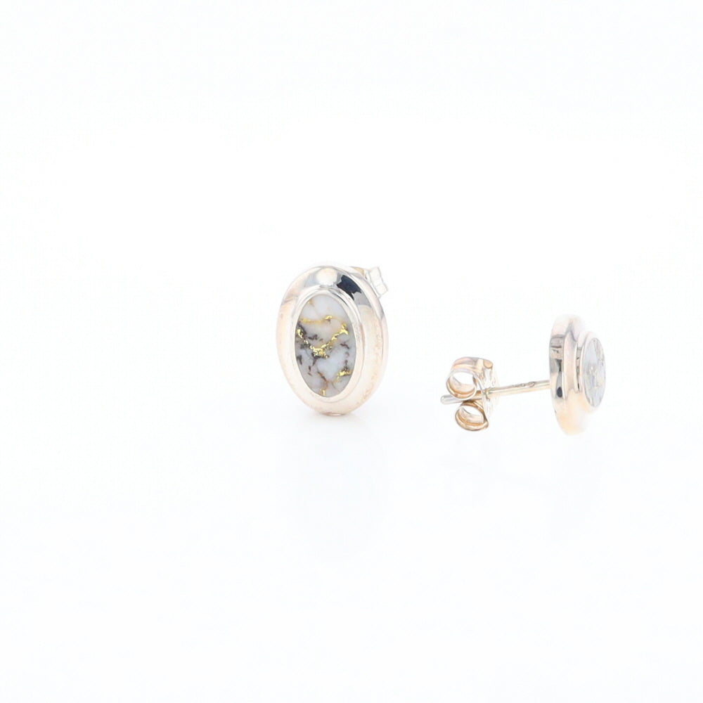 Sterling Silver Gold Quartz Inlaid Oval Stud Earrings - G3