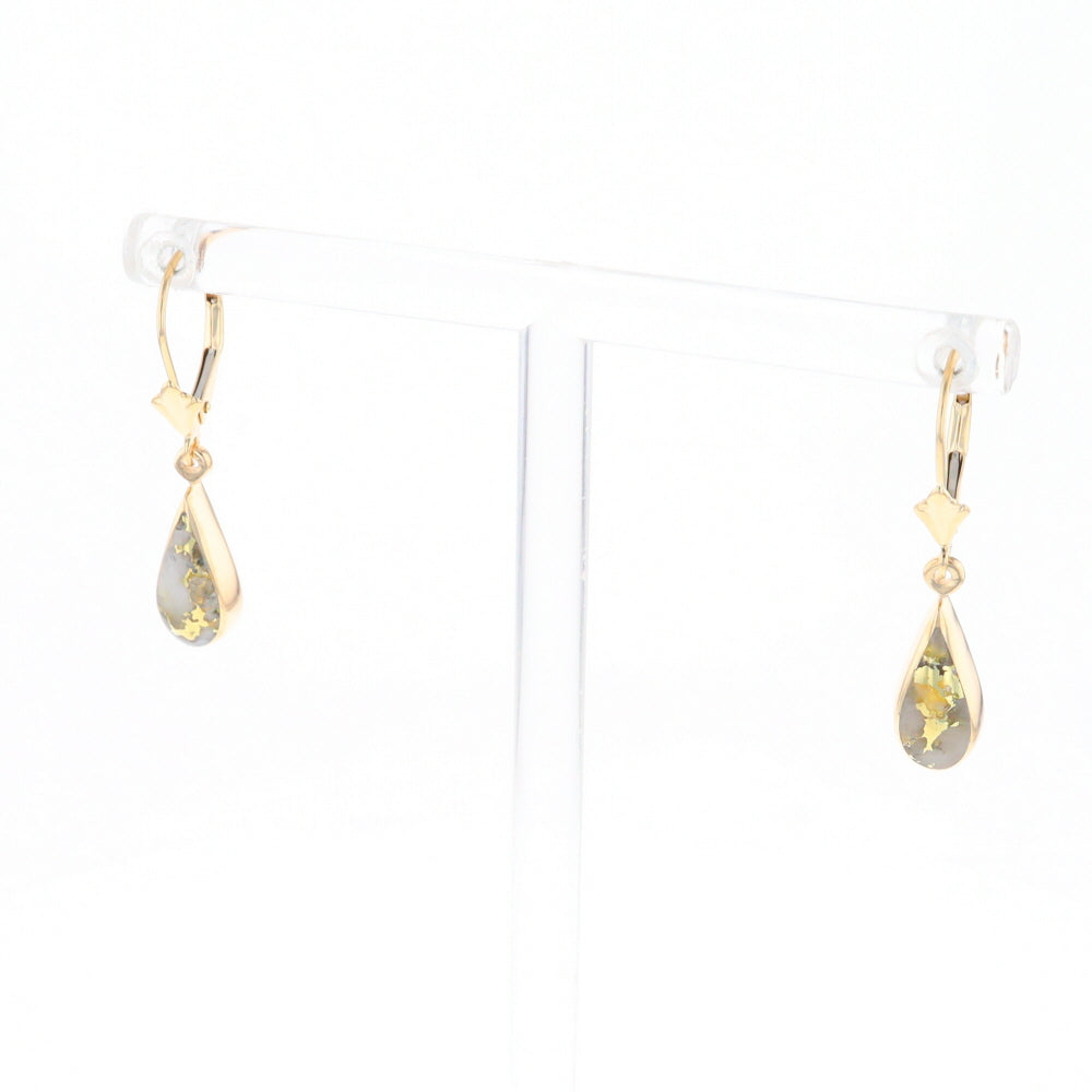 Gold Quartz Earrings Tear Drop Inlaid Lever Backs