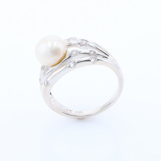 Pearl Bamboo Ring with Cubic Zirconia Accents