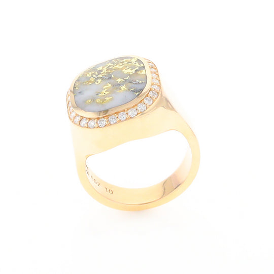 Gold Quartz Cushion Inlaid Men's Ring with Diamond Halo