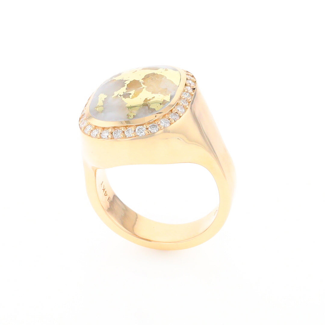 Gold Quartz Cushion Inlaid Men's Ring with Diamond Halo