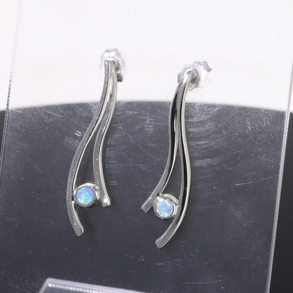 Opal Earrings Round Inlaid Double Curved Bar Design Studs