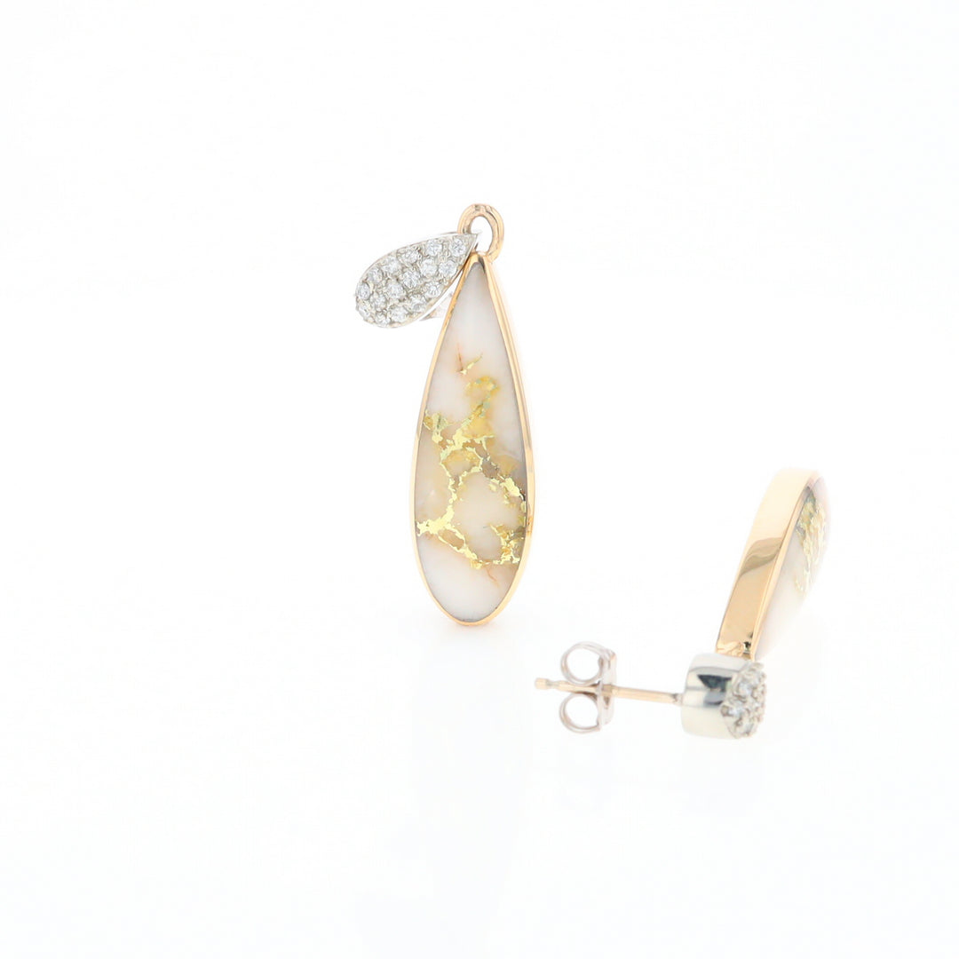 Gold Quartz Earrings, Tear Drop Inlaid with .22ctw Diamond Pave Design