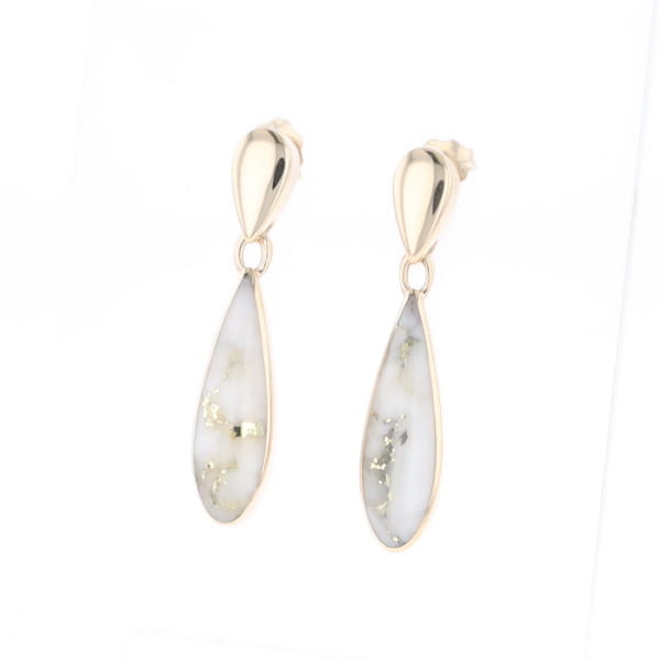 Gold Quartz Earrings Tear Drop Inlaid Design