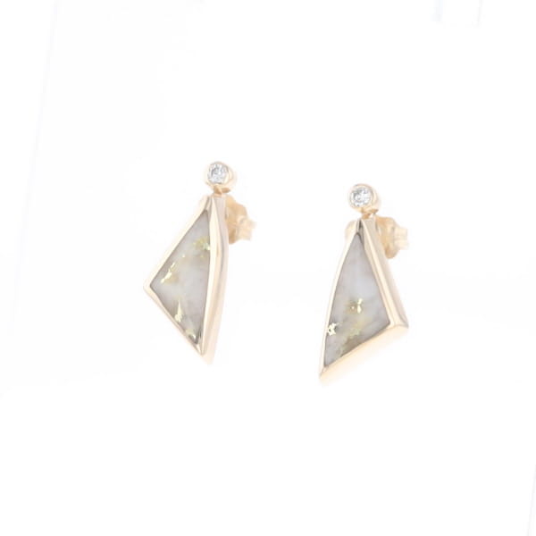 Gold Quartz Earrings Triangle Shape Inlaid with .04ct Round Diamonds - G2