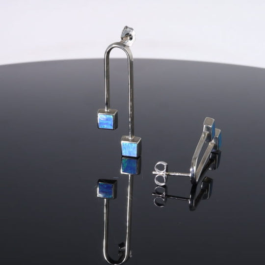 Opal Earrings Curved Bar Double Square Inlaid Ends Design Studs