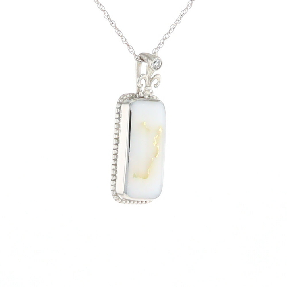 Gold Quartz Necklace, Rectangle Inlaid Fleur De Lis Design with .02ctw Diamond Pendant