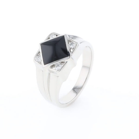 Natural onyx ring diamond shape inlaid design with .16ctw round diamonds