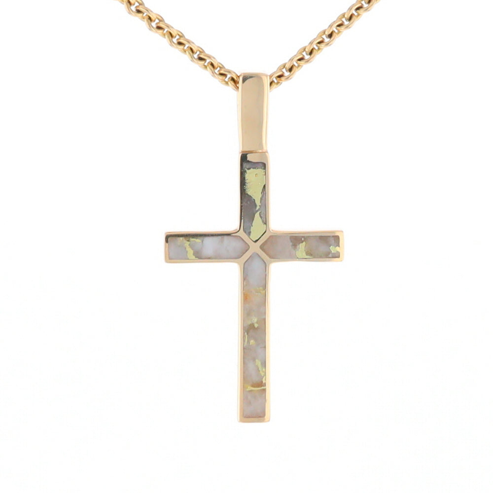 Gold Quartz Necklace 4 Section Inlaid Design Cross Pendant