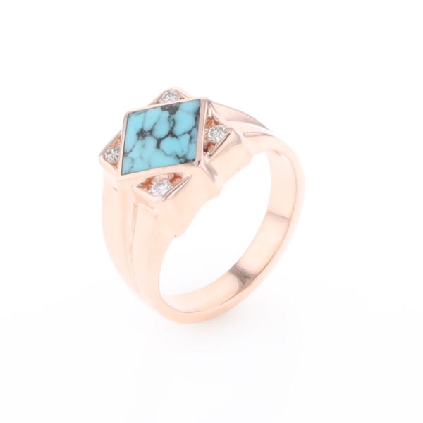 Natural Turquoise ring diamond shape inlaid design with .16ctw round diamonds