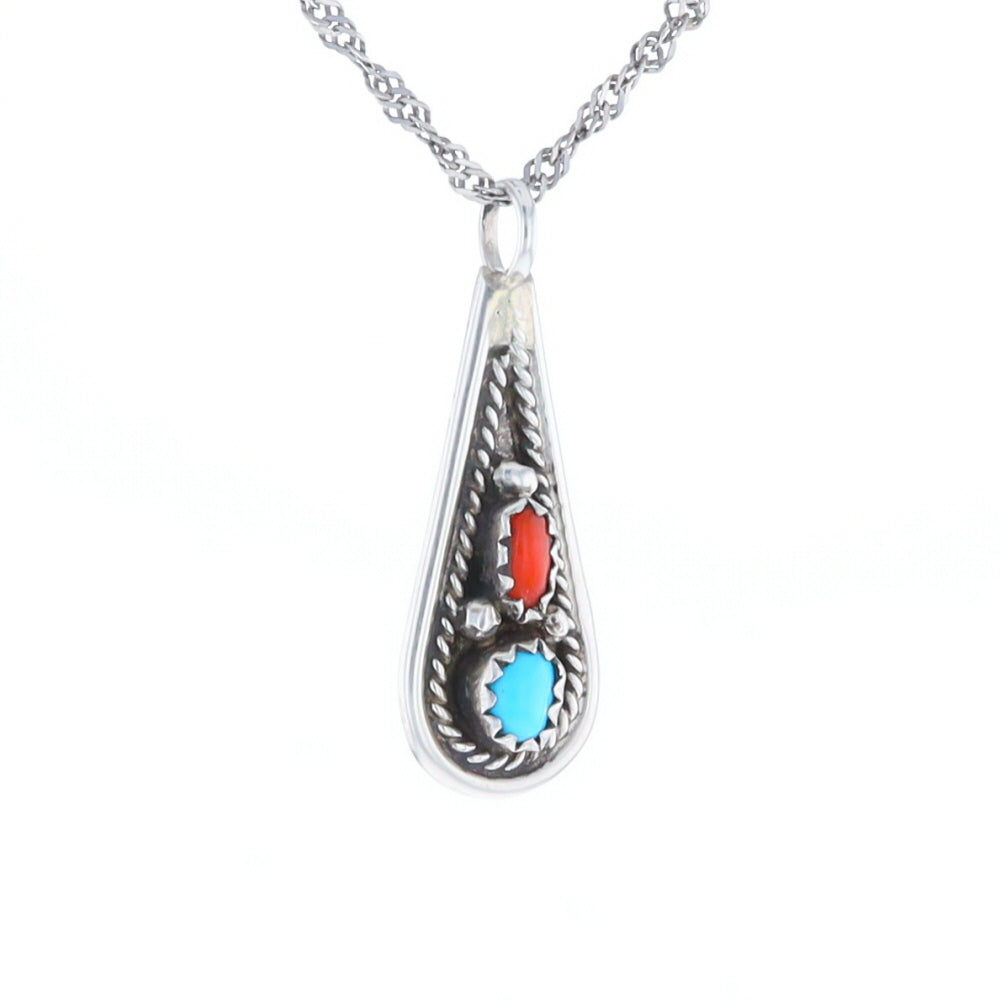 Native Turquoise & Coral Teardrop Pendant