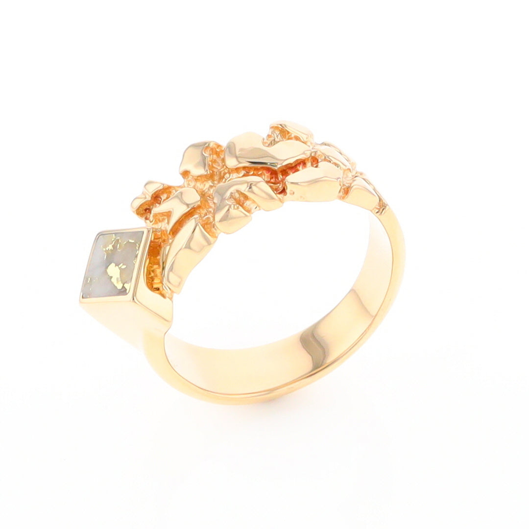 Gold Quartz Ring Diamond Shape Inlay Nugget Design Band