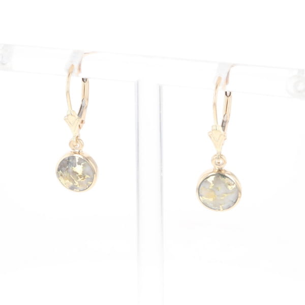 Gold Quartz Earrings Round Inlaid Design Lever Backs