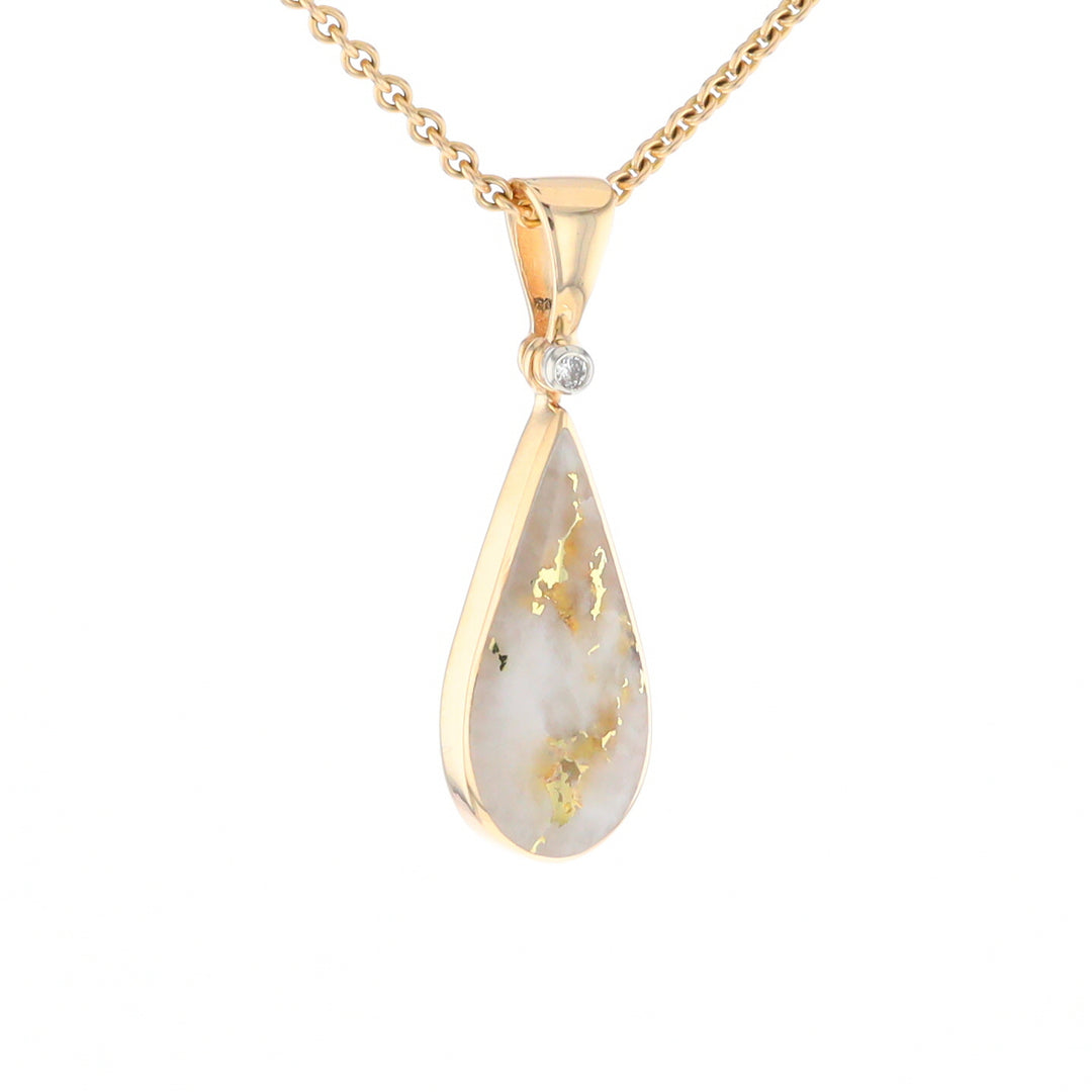 Gold Quartz Necklace Tear Drop Inlaid Pendant with .02ct Diamond