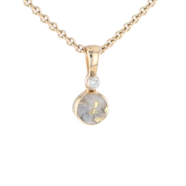 Gold Quartz Necklace Round Inlaid Pendant with .02ct Round Diamond