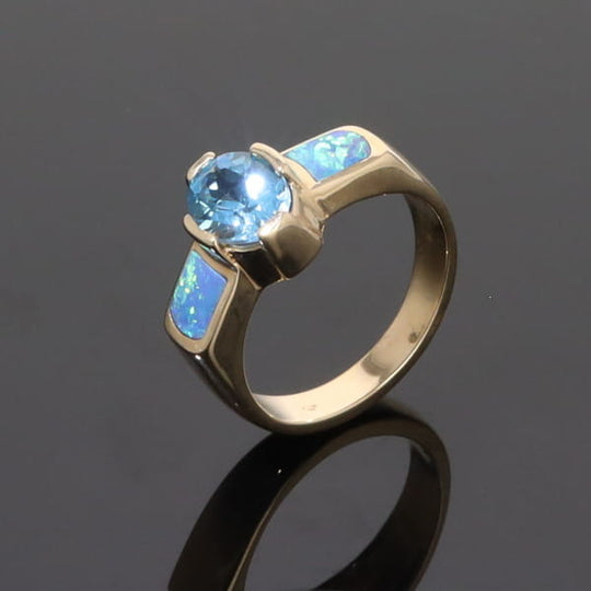 Opal Rings 2 Section Inlaid Design with Oval Swiss Blue Topaz Center