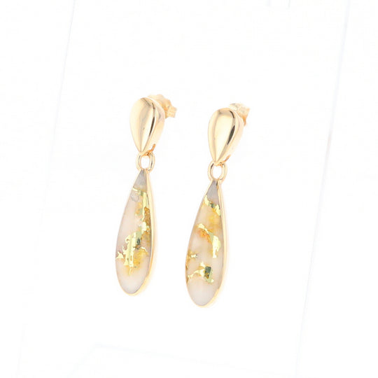 Gold Quartz Earrings Tear Drop Inlaid Design