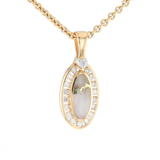 Gold Quartz Pendant Oval Inlaid with .22ctw Round Diamonds Halo