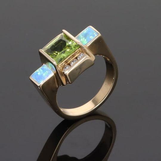 Opal Rings 2 Square Inlaid Peridot with 0.24ctw Diamonds