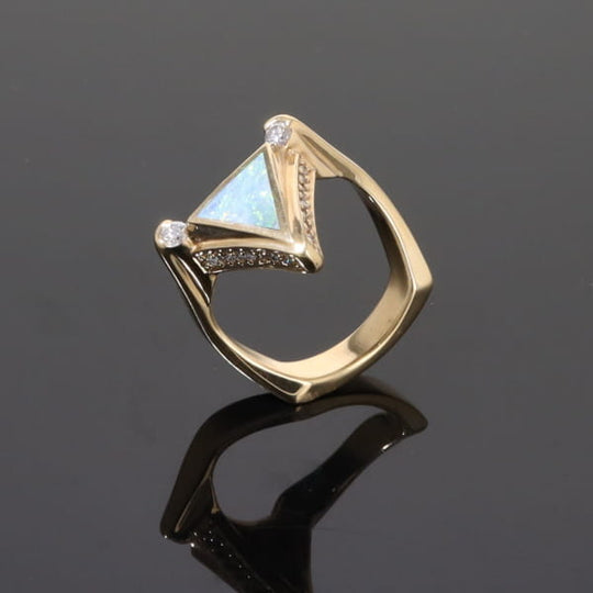 Opal Rings Triangle Inlaid Design with .31ctw Round Diamonds
