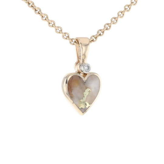 Gold Quartz Necklace Heart Inlaid Design Pendant with .02ct Diamond