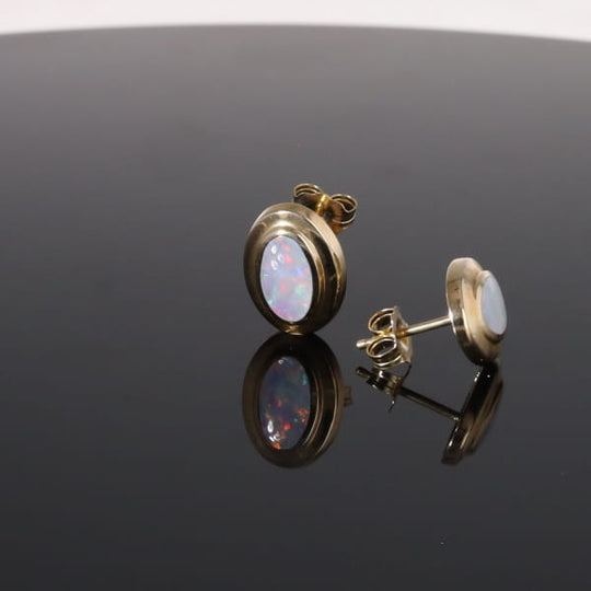 Opal Earrings Oval Inlaid Design Studs