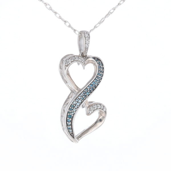 Blue and White Diamond Double Open Heart Pendant with 16" Singapore Chain