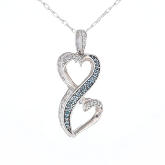 Blue and White Diamond Double Open Heart Pendant with 16" Singapore Chain