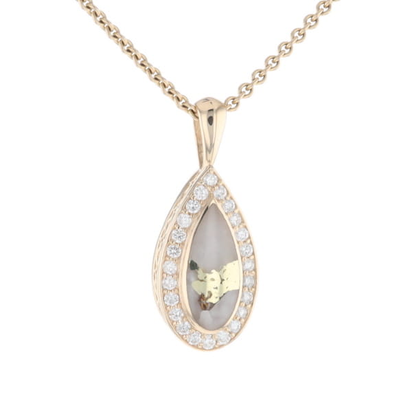 Gold Quartz Pendant Tear Drop Inlaid .42ctw Diamond Halo Design