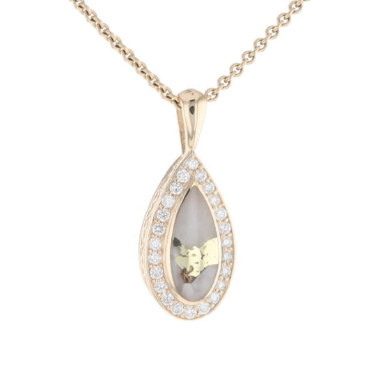 Gold Quartz Pendant Tear Drop Inlaid .42ctw Diamond Halo Design