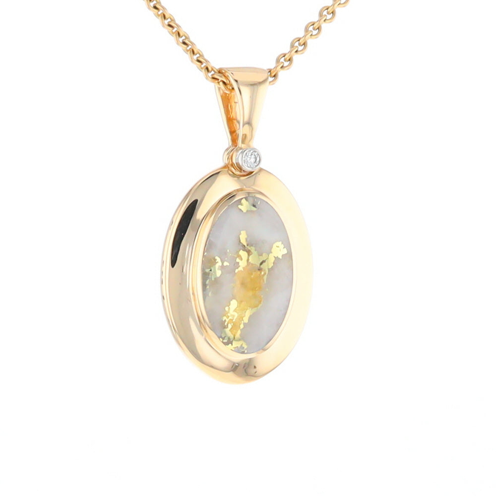 Gold Quartz Necklace Oval Inlaid Pendant with a .02ct Diamond