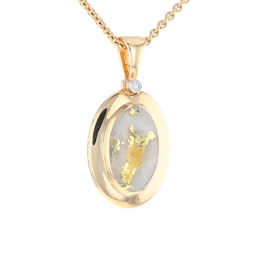 Gold Quartz Necklace Oval Inlaid Pendant with a .02ct Diamond