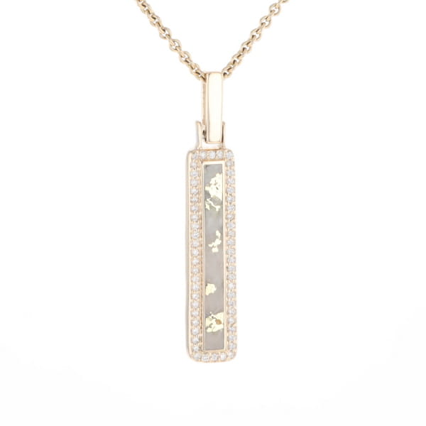 Gold Quartz Necklace, Rectangle Inlaid, .27ctw Diamond Halo Pendant