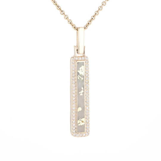 Gold Quartz Necklace, Rectangle Inlaid, .27ctw Diamond Halo Pendant