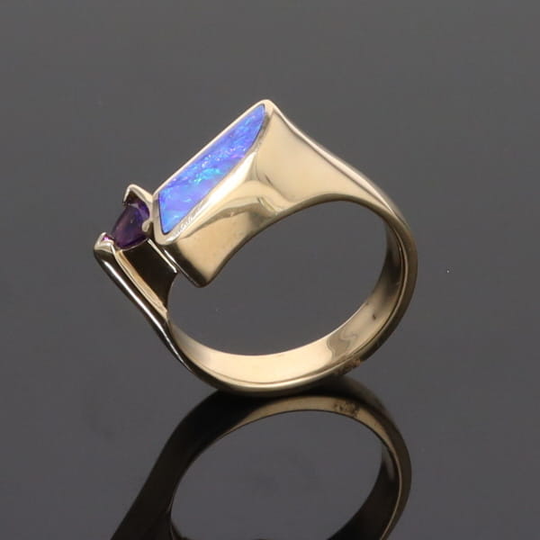 Opal Rings Geometric Inlaid with Amethyst and .08ctw Diamonds