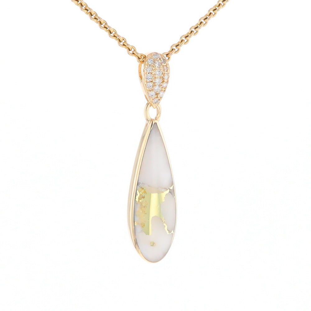 Gold Quartz Necklace, Tear Drop Inlaid Design with 0.11ctw Diamond Pave Pendant G2