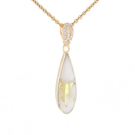 Gold Quartz Necklace, Tear Drop Inlaid Design with 0.11ctw Diamond Pave Pendant G2