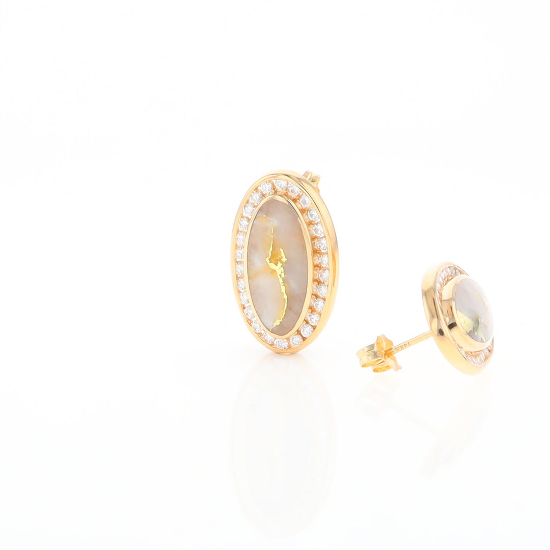 Gold Quartz Earrings Oval Inlaid Design .73ctw Round Diamonds Halo